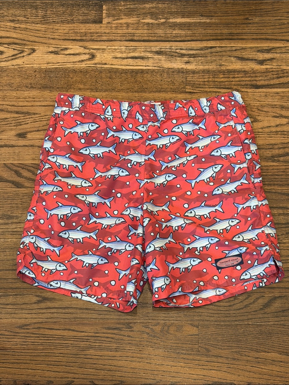 Vineyard Vines Red Shark Print Swim Trunks